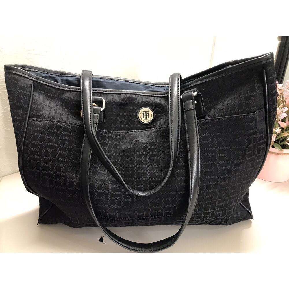 VINTAGE Tommy Hilfiger Black Leather Accent Tote Handbags Shoulder Bag Leather